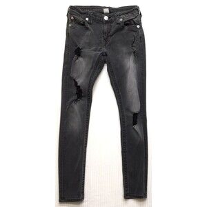TRUE RELIGION Jeans Women 27W 27L Black Destroyed Curvy Skinny Legging Denim